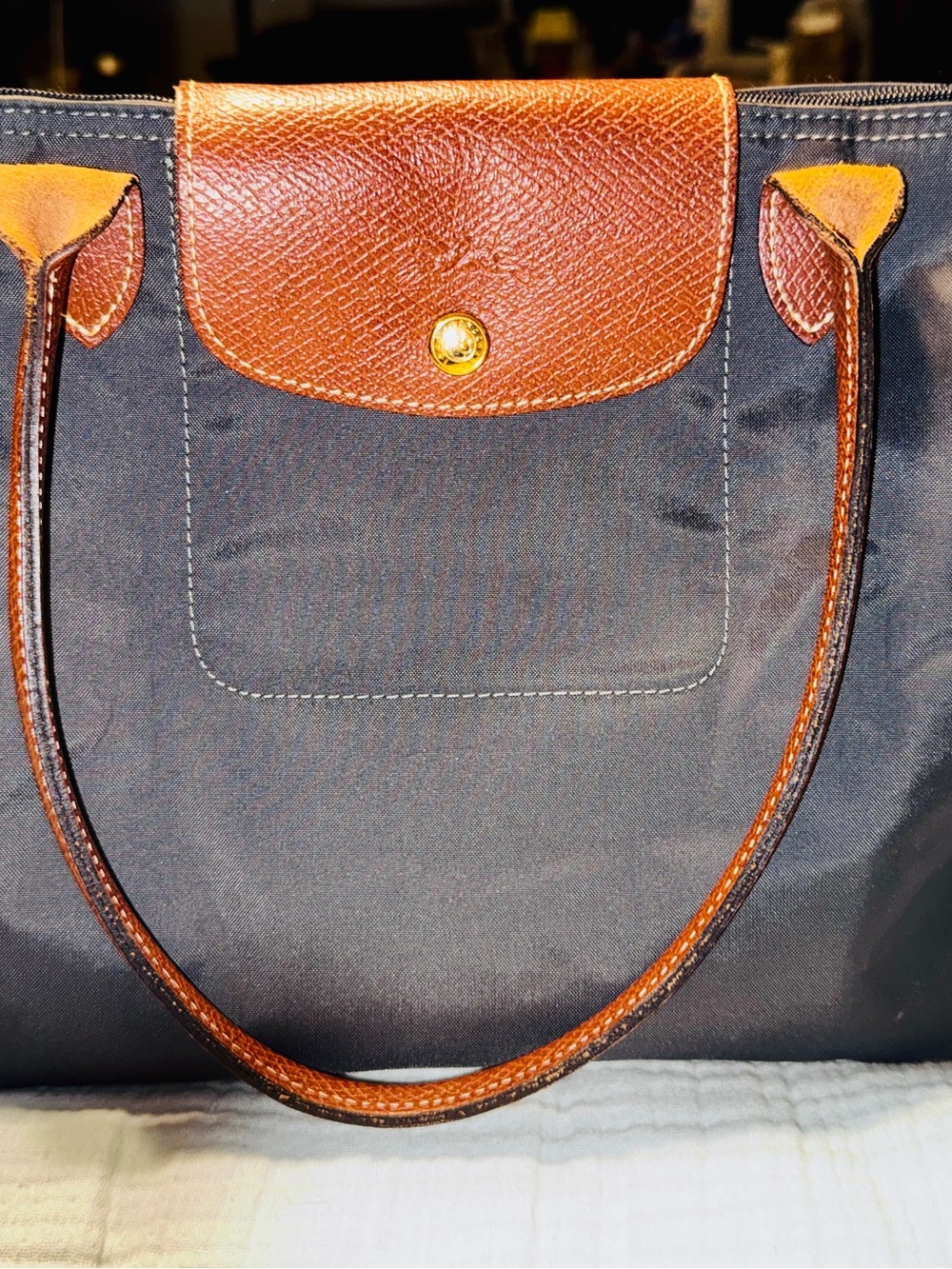 Longchamp Le Pliage Small Dark Gray Nylon Shoulder Tote Brown Leather - Picture 11 of 12
